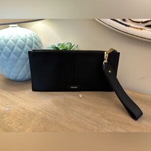 Fossil Black Leather Wristlet with Gold Accents